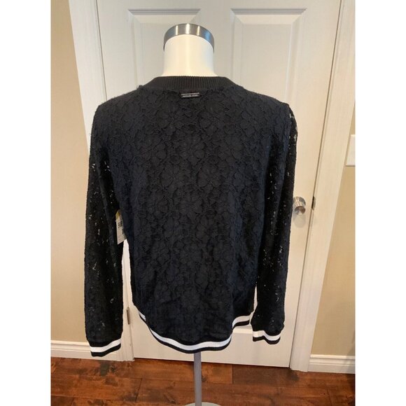 Michael Kors Black Floral Lace Long Sleeve Shirt W/Striped Elastic, Size M - Picture 6 of 8